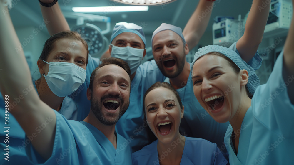 Medical team includes surgeon, nurse, assistant are celebrating a successful surgery in operating room - obrazy, fototapety, plakaty 
