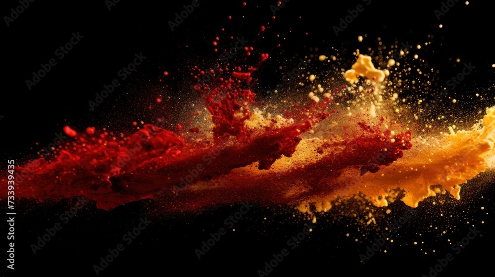 Dynamic explosion of red and gold dust against a dark backdrop. High-Speed Photography: A real-time capture of colored powders