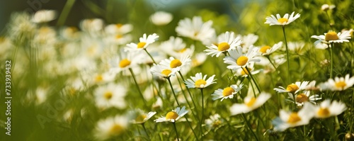 Chamomile flowers in the garden are exposed to sunlight during summer