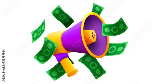 Megaphone with flying banknotes. Business announcement concept.