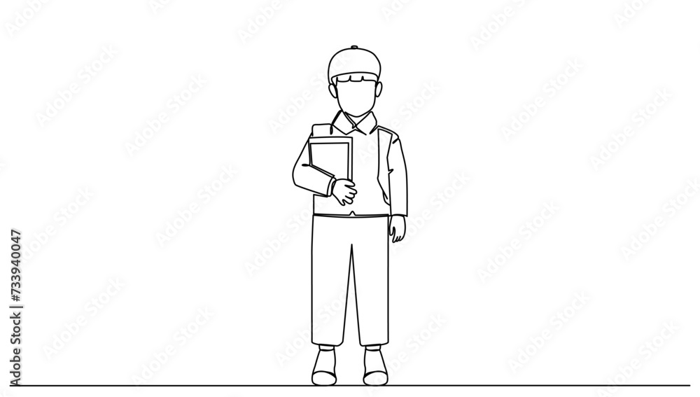 One continuous line drawing of a little muslim boy standing carrying a book and bag. Islamic holy days concept illustration Ramadan Kareem and Eid al-Fitr one line concept drawing vector One continuous line drawing of a little muslim boy standing carrying a book and bag. Islamic holy days concept illustration Ramadan Kareem and Eid al-Fitr one line concept drawing vector