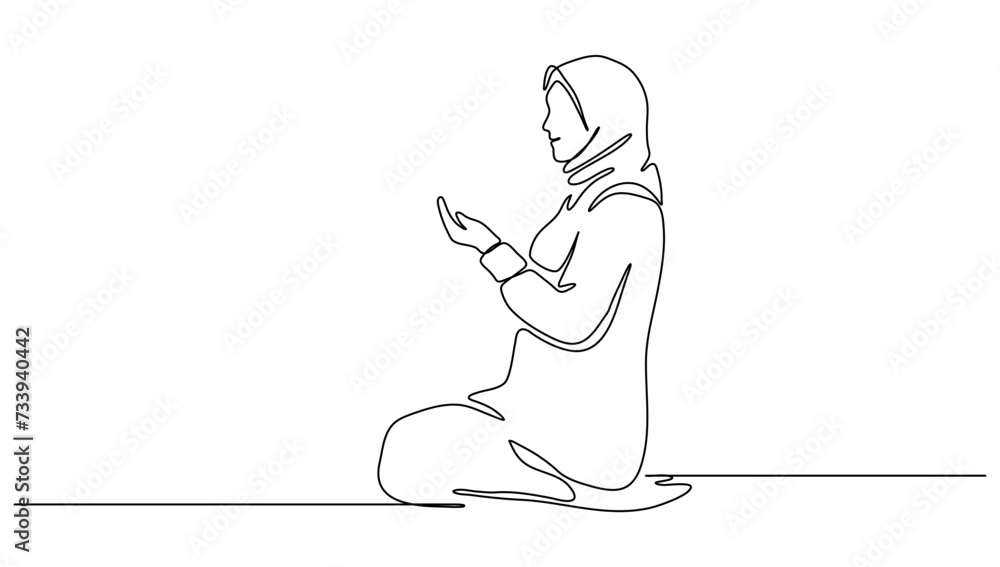 Continuous line art or One Line drawing of a muslim women praying facing qibla from the side with vector illustration concept, Ramadan Kareem. graphic design modern continuous line drawing