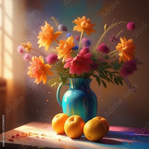 Still life with flowers and fruits in a vase.