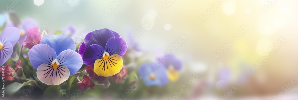 Garden, pansy points flowers banner with copy space. Spring flowers banner, background Garden, pansy points flowers banner with copy space. Spring flowers banner, background