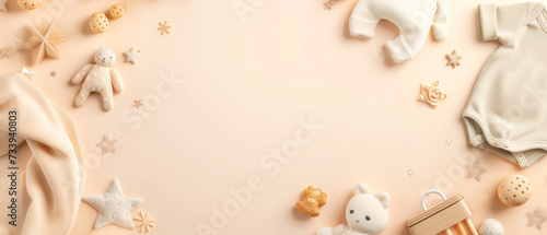 Baby items and toys on a pastel brown background. photo