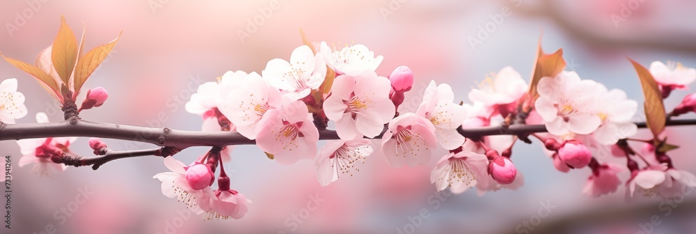 Spring flowers banner, background. Sakura blossom flowers banner with copy space