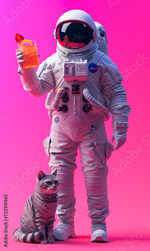 astronaut with coctail and cat on pink background