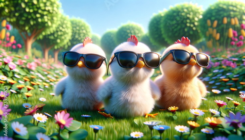 three little chickens wearing black sunglasses, set in a spring paradise landscape