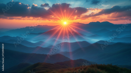 Sunset in the mountains, sunbeams radiate through clouds over a mountainous landscape, showcasing a breathtaking sunrise or sunset