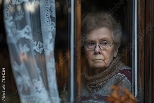 Alone and introspective, an older woman looks out the window, lost in her thoughts.