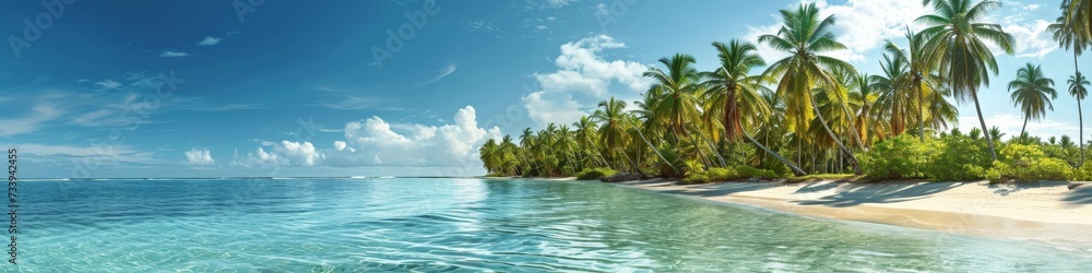Fototapeta premium Tropical beach paradise panorama, palm trees lining the shore and clear blue waters