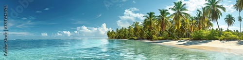 Tropical beach paradise panorama   palm trees lining the shore and clear blue waters
