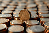 Golden coin with bitcoin symbol among the many heaps coins in the row