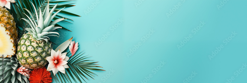 Obraz premium Tropical Fruits and Flowers on Blue Background