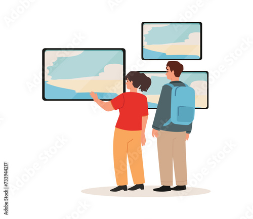 People looking at screens, vector illustration isolated on white background