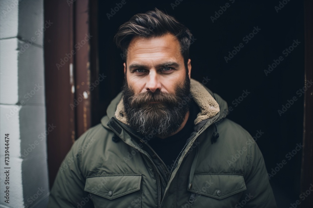 Portrait of a handsome bearded man in a green jacket. Men's beauty, fashion. Portrait of a handsome bearded man in a green jacket. Men's beauty, fashion.
