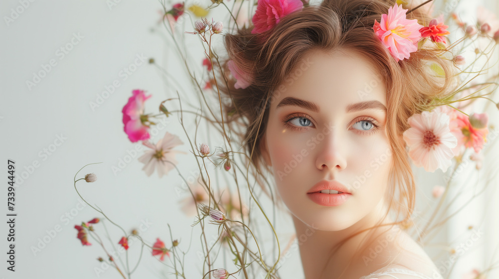 Beautiful fashion portrait of young woman with wreath of pink and white blossoms. Summer flowers in hairstyle. Light background with copy space.