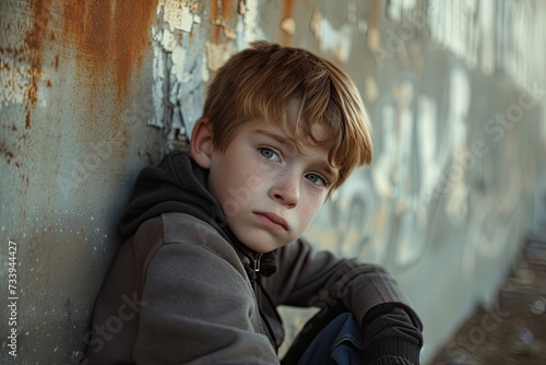 An isolated child  his downcast demeanor portraying feelings of sadness and loneliness.