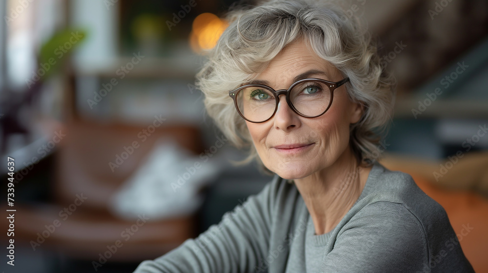 Indoor head shot portrait of serious positive old mature woman with glasses in casual looking at camera, posing at home, promoting retirement, elderly healthcare Senior grandmother woman Indoor head shot portrait of serious positive old mature woman with glasses in casual looking at camera, posing at home, promoting retirement, elderly healthcare Senior grandmother woman