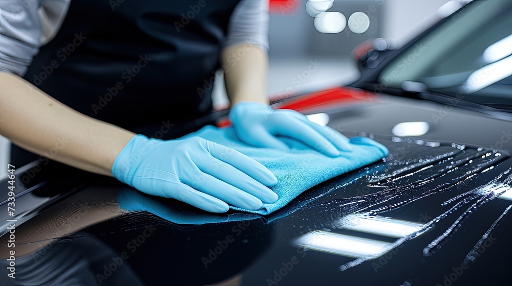 Close-up of a male hands washing car. Hands working in harmony to restore the car's shine.