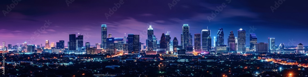 Modern city skyline at dusk,  illuminated by a vibrant array of city lights in panoramic view