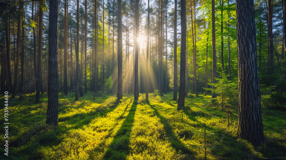 Silent forest in spring with beautiful bright sun.