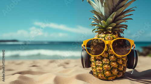 Pineapple with Sunglasses and Headphones on the Beach