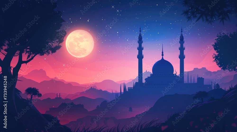 Ramadan Kareem celebration background illustration flat with mosque silhouette and moon on the sky