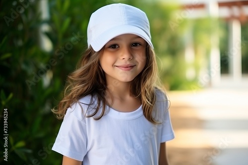 Portrait of a smiling little girl wearing cap and t-shirt