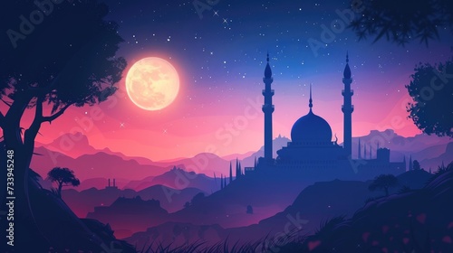Fotografia Ramadan Kareem celebration background illustration flat with mosque silhouette a