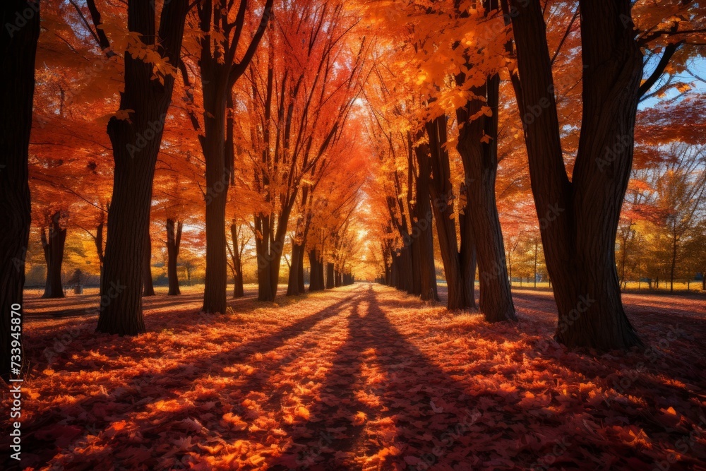 vibrant autumn trees with orange leaves and a path in the middle