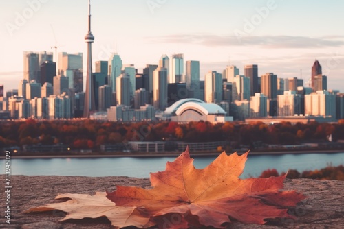Toronto skyline with autumn leaves in foreground