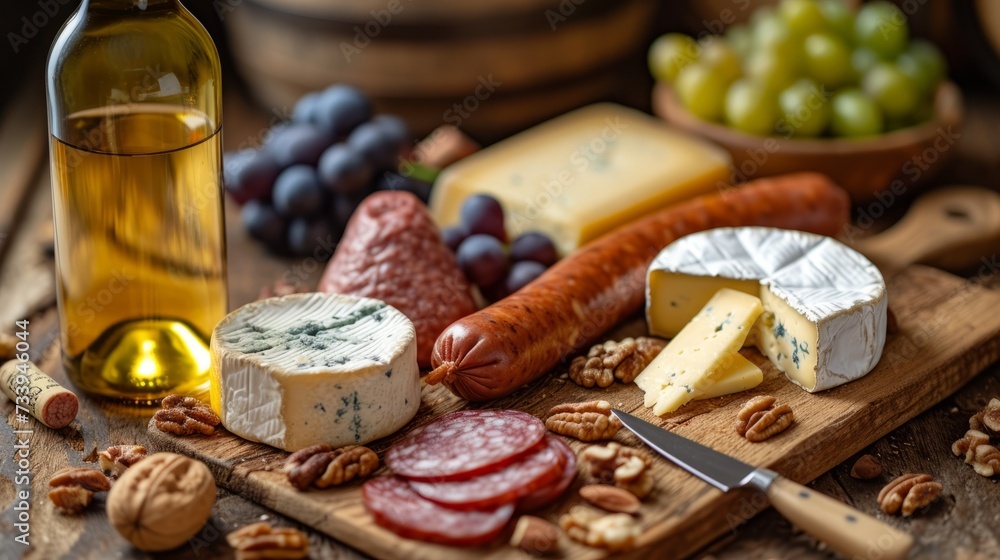 An assortment of cheese, charcuterie, and grapes with wine on a wooden table An assortment of cheese, charcuterie, and grapes with wine on a wooden table