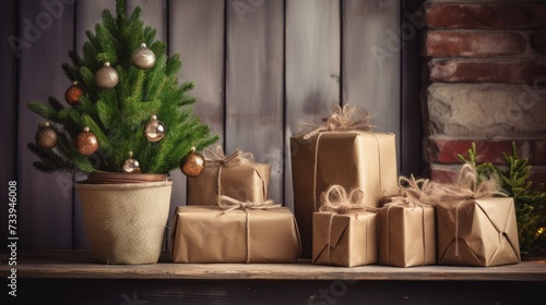 A small Christmas tree and presents wrapped in brown paper are on a wooden table against a rustic background.