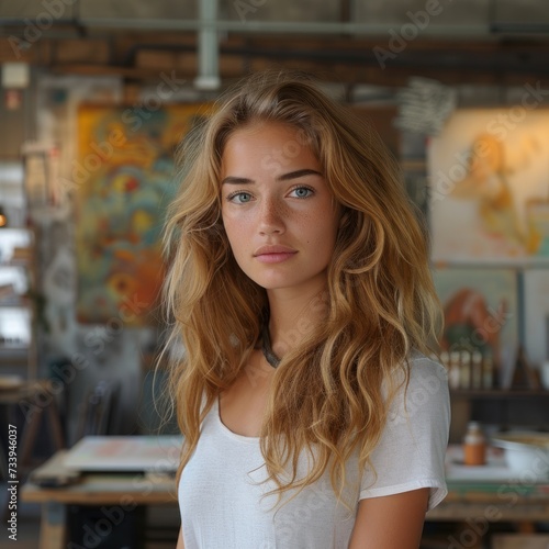 Portrait of a young woman with natural freckles and wavy blonde hair  exuding a confident  serene presence in a creative studio environment.