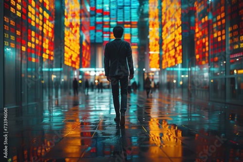 A solitary man walks through a brightly lit city corridor, reflecting on the wet ground under the neon glow of urban life.