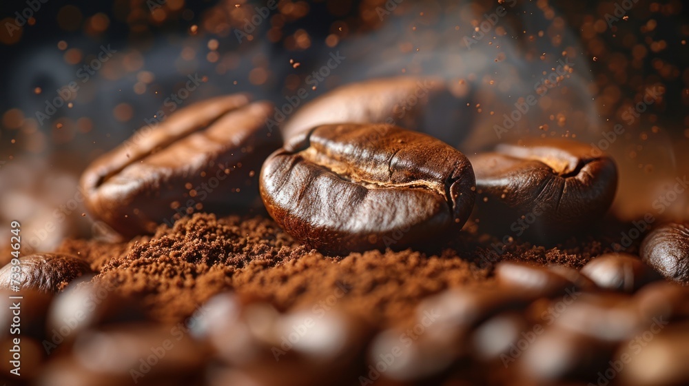 Macro shot of aromatic roasted coffee beans with a sprinkle of coffee dust in the air, highlighting textures and details. Macro shot of aromatic roasted coffee beans with a sprinkle of coffee dust in the air, highlighting textures and details.
