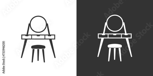 Dressing table with mirrow and chair. Black and white outline. Vector flat icon