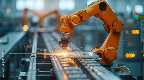 Precision industrial robot arm performing welding tasks on a production line in a modern automated manufacturing facility.