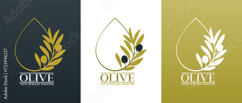 Vector logo of olive branch with leaves. Modern hand drawn vector olive oil icons. Branding concept for olive oil company, organic, eco-friendly products, wellness, beauty, culinary services