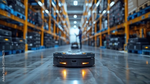 An autonomous robotic vehicle operates efficiently within a large, modern warehouse, managed by a worker in the background.