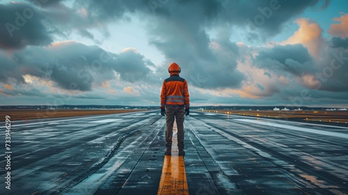 A lone airport ground crew member in high visibility clothing surveys the wet runway under a dramatic cloudy sky at dusk. photo