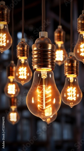 Glowing tungsten light bulbs hanging from the ceiling