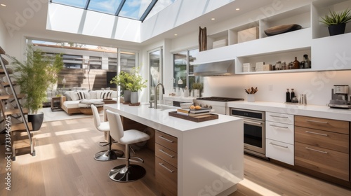 Modern kitchen with large island and skylight