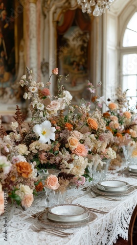 A table set with a runner of flowers in shades of peach, orange, and cream