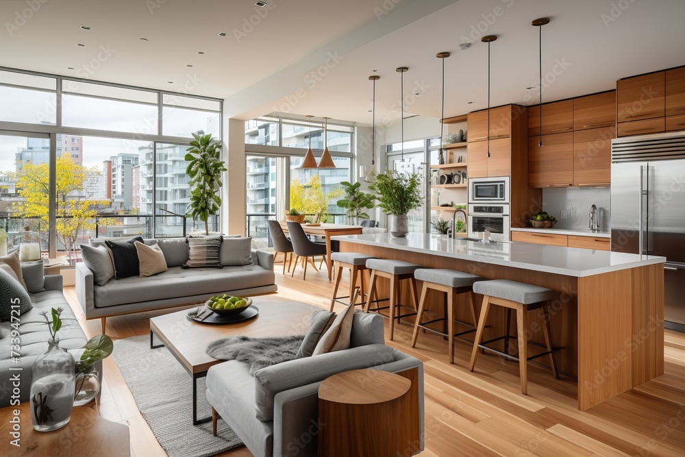 An open-concept living space with a large kitchen, dining area, and living room An open-concept living space with a large kitchen, dining area, and living room