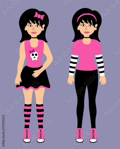 Cartoon two teenage girls emo. Young women with black hair wearing mini skirt, t-shirt with skull, hairband, pants, sneakers. Y2k 2000s style. Black and pink. Vector Flat illustration.