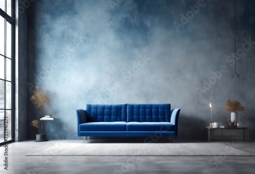 Eleganza Moderna- Divano in Velluto Blu di Lusso in uno Spazio Living Moderno, Sfondo di Parete in Cemento Vuota