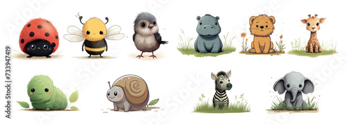dorable Illustrated Baby Animals: Ladybug, Bee, Bird, Hippo, Lion, Giraffe, Caterpillar, Snail, Zebra and Elephant