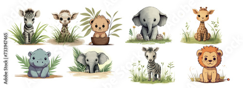 Adorable Illustrated Baby Animals: Zebras, Elephants, Lions, and More Surrounded by Lush Greenery in Various Cute photo